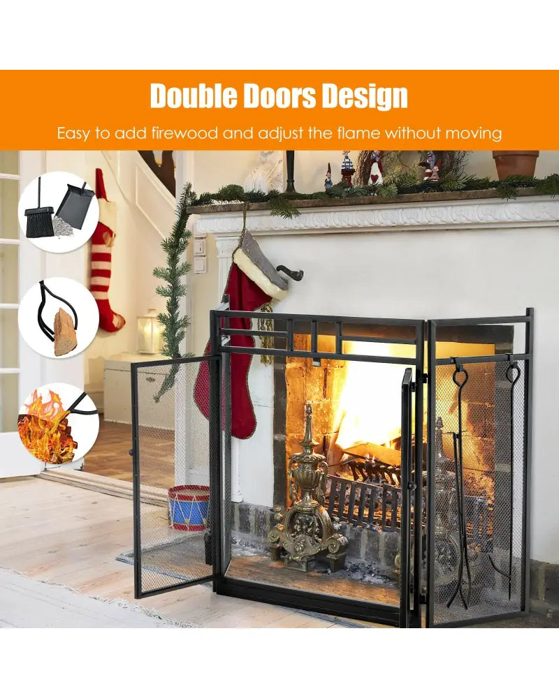 3-Panel Folding Wrought Iron Fireplace Screen with 4 Pieces Tools Set-Black - Black - Fireplace Tools
