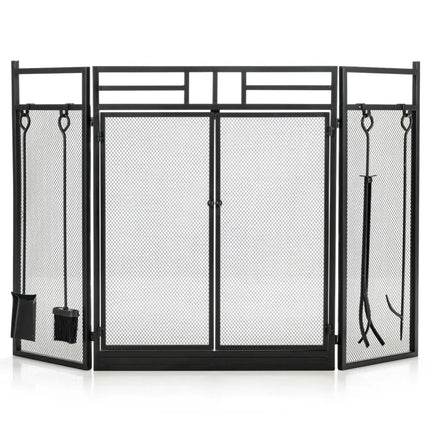 3-Panel Folding Wrought Iron Fireplace Screen with 4 Pieces Tools Set-Black - Black - Fireplace Tools