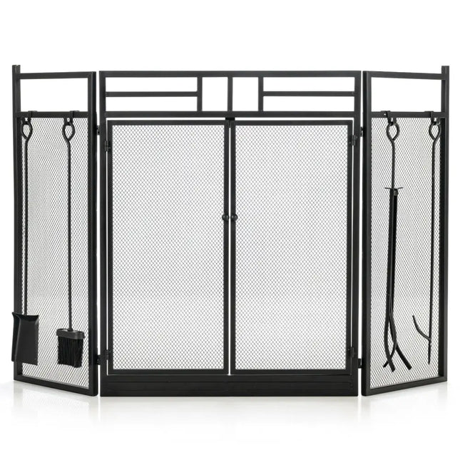 3-Panel Folding Wrought Iron Fireplace Screen with 4 Pieces Tools Set-Black - Black - Fireplace Tools