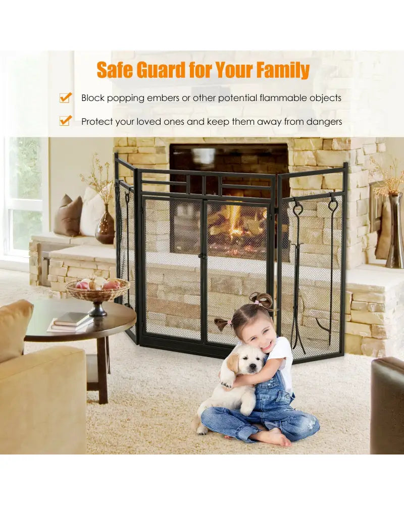 3-Panel Folding Wrought Iron Fireplace Screen with 4 Pieces Tools Set-Black - Black - Fireplace Tools