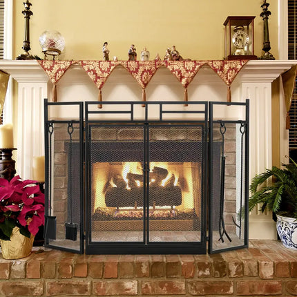 3-Panel Folding Wrought Iron Fireplace Screen with 4 Pieces Tools Set-Black - Black - Fireplace Tools