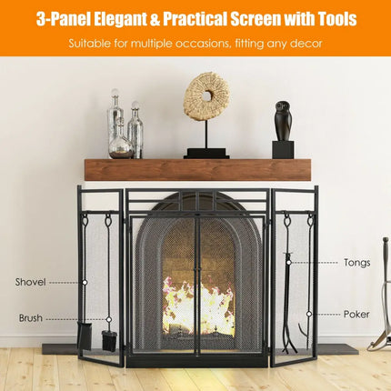 3-Panel Folding Wrought Iron Fireplace Screen with 4 Pieces Tools Set-Black - Black - Fireplace Tools