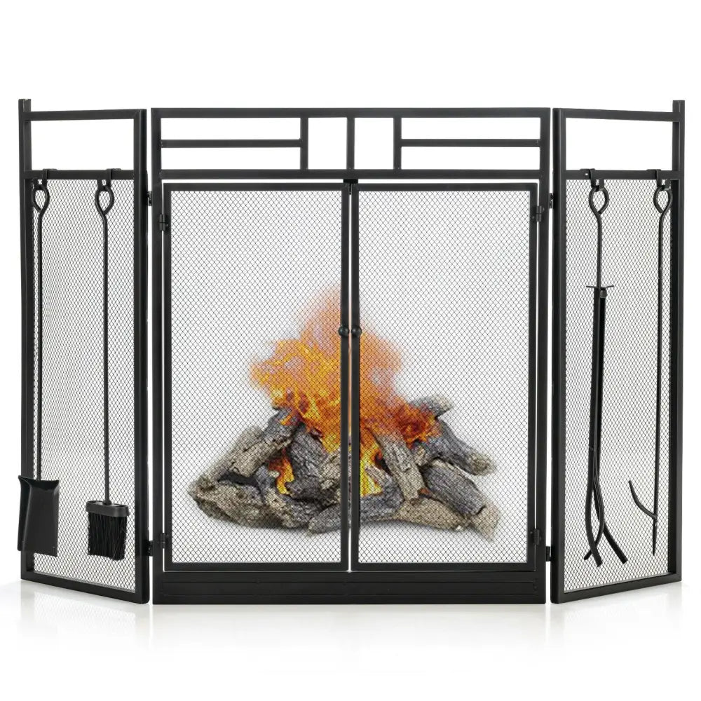 3-Panel Folding Wrought Iron Fireplace Screen with 4 Pieces Tools Set-Black - Black - Fireplace Tools