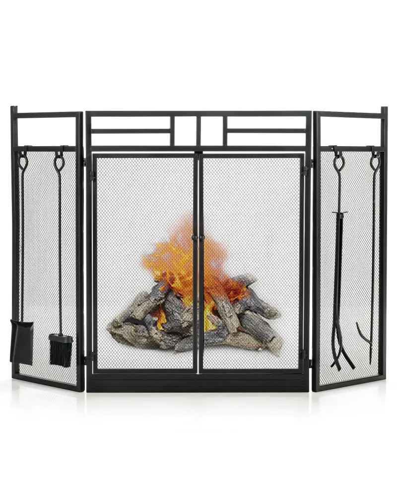 3-Panel Folding Wrought Iron Fireplace Screen with 4 Pieces Tools Set-Black - Black - Fireplace Tools