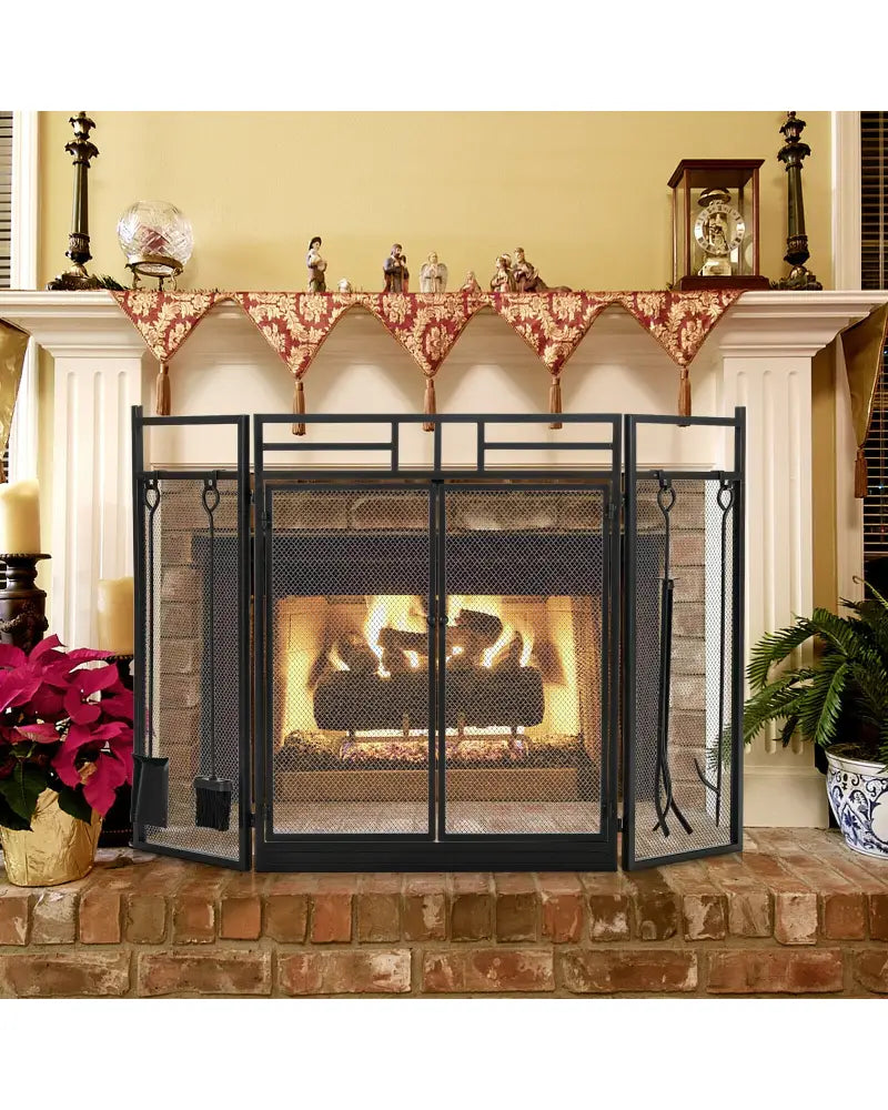 3-Panel Folding Wrought Iron Fireplace Screen with 4 Pieces Tools Set-Black - Black - Fireplace Tools