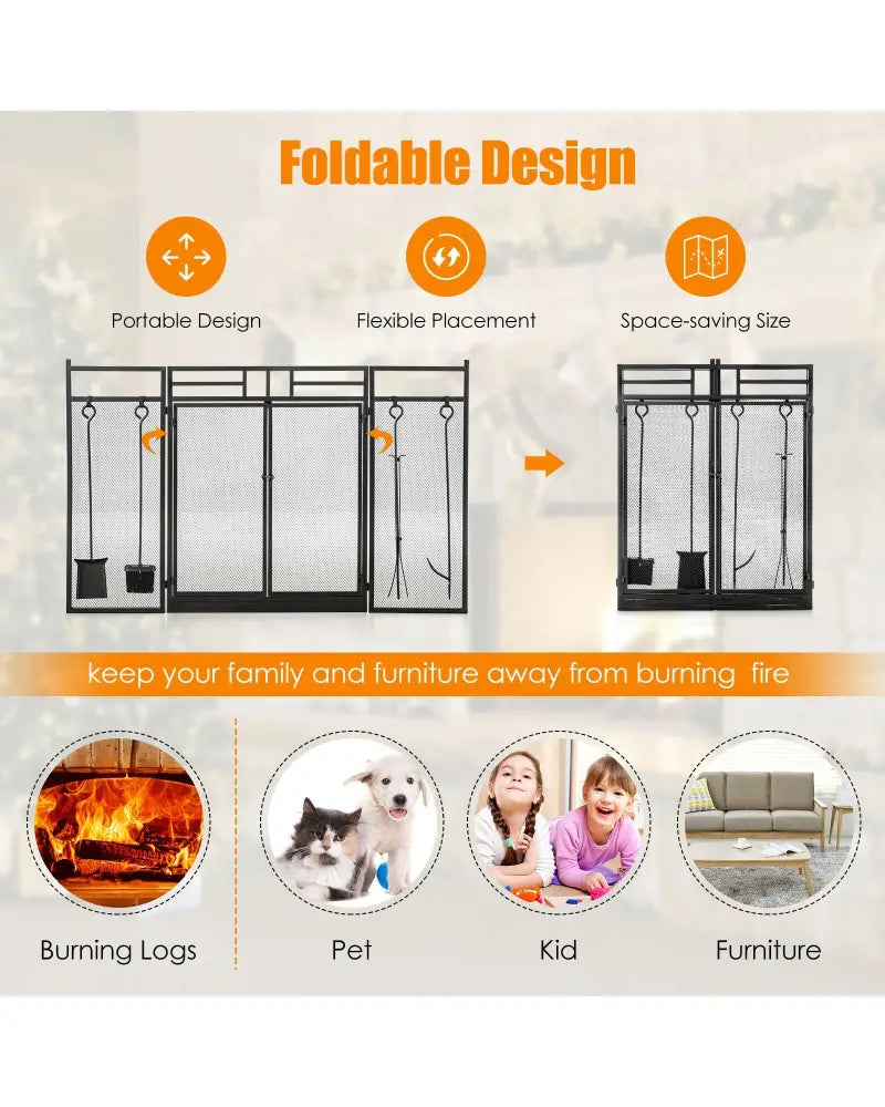 3-Panel Folding Wrought Iron Fireplace Screen with 4 Pieces Tools Set-Black - Black - Fireplace Tools