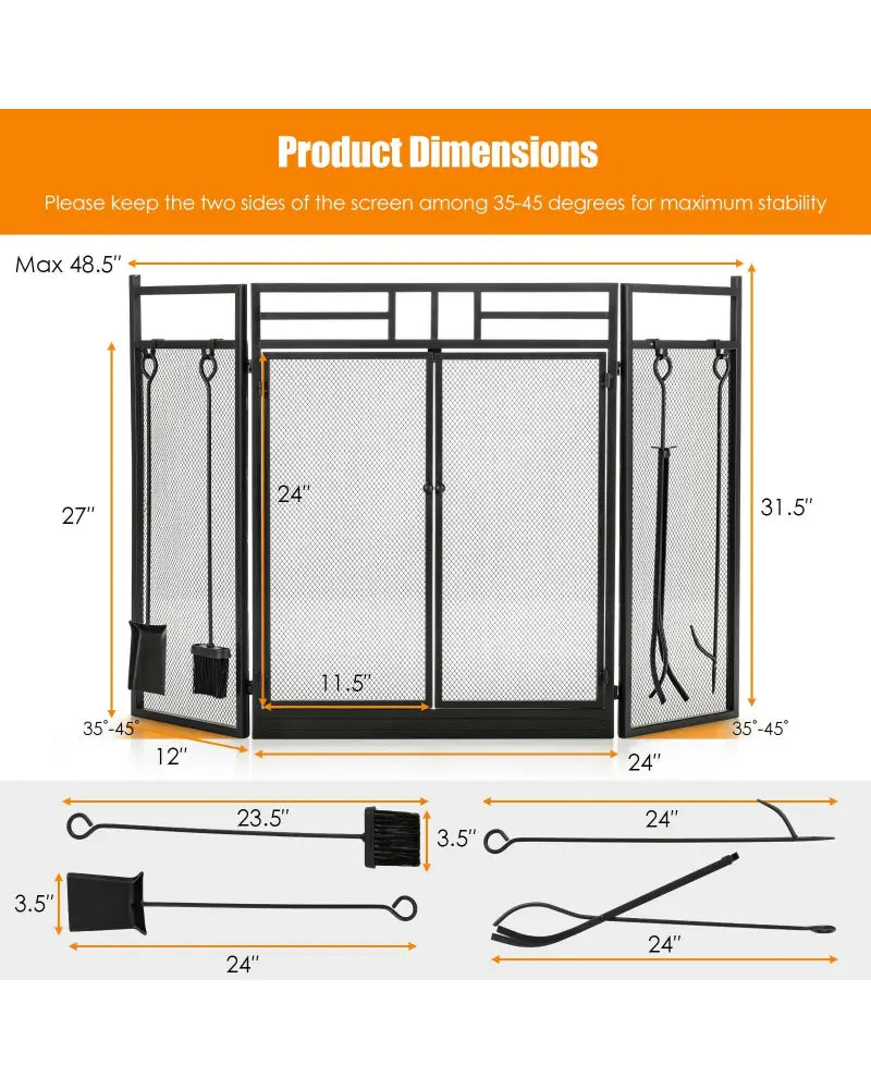 3-Panel Folding Wrought Iron Fireplace Screen with 4 Pieces Tools Set-Black - Black - Fireplace Tools