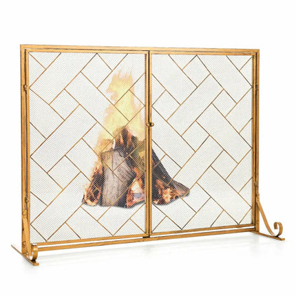 3-Panel Folding Wrought Iron Fireplace Screen with Doors and 4 Pieces Tools Set-Golden - Golden - Fireplace Tools