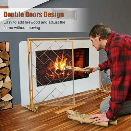 3-Panel Folding Wrought Iron Fireplace Screen with Doors and 4 Pieces Tools Set-Golden - Golden - Fireplace Tools