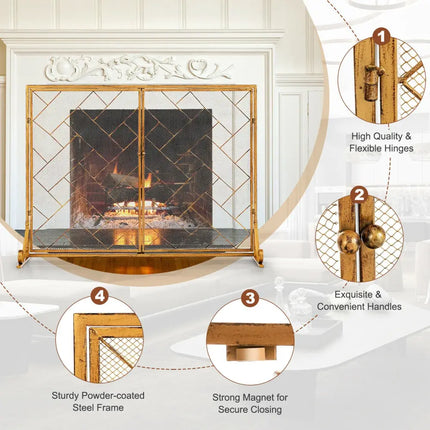 3-Panel Folding Wrought Iron Fireplace Screen with Doors and 4 Pieces Tools Set-Golden - Golden - Fireplace Tools