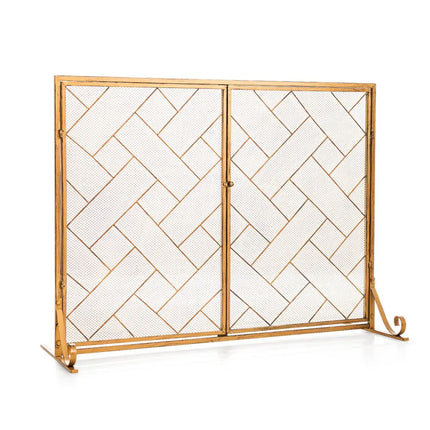 3-Panel Folding Wrought Iron Fireplace Screen with Doors and 4 Pieces Tools Set-Golden - Golden - Fireplace Tools