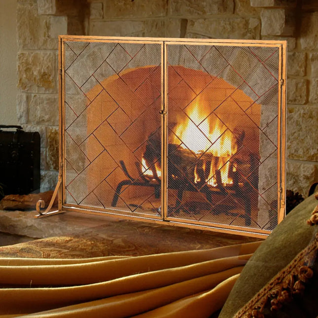 3-Panel Folding Wrought Iron Fireplace Screen with Doors and 4 Pieces Tools Set-Golden - Golden - Fireplace Tools