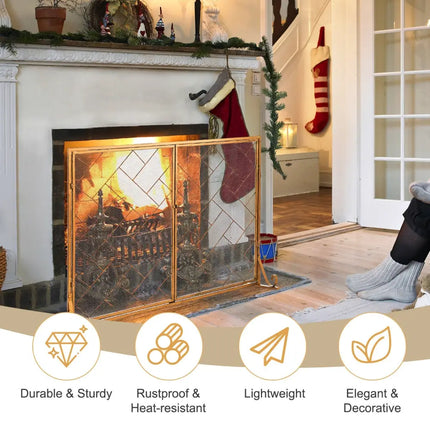 3-Panel Folding Wrought Iron Fireplace Screen with Doors and 4 Pieces Tools Set-Golden - Golden - Fireplace Tools