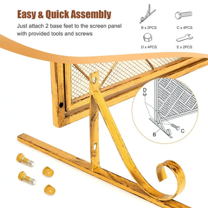 3-Panel Folding Wrought Iron Fireplace Screen with Doors and 4 Pieces Tools Set-Golden - Golden - Fireplace Tools