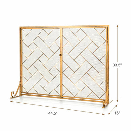 3-Panel Folding Wrought Iron Fireplace Screen with Doors and 4 Pieces Tools Set-Golden - Golden - Fireplace Tools
