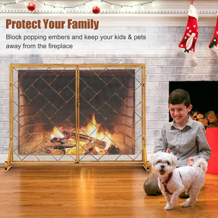 3-Panel Folding Wrought Iron Fireplace Screen with Doors and 4 Pieces Tools Set-Golden - Golden - Fireplace Tools