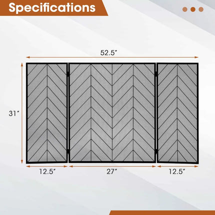 3-Panel Metal Foldable Fireplace Screen with Metal Mesh-Black - Black - Fireplace Tools