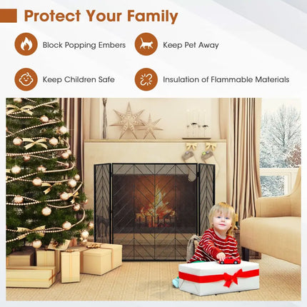 3-Panel Metal Foldable Fireplace Screen with Metal Mesh-Black - Black - Fireplace Tools