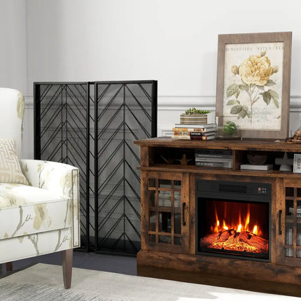 3-Panel Metal Foldable Fireplace Screen with Metal Mesh-Black - Black - Fireplace Tools