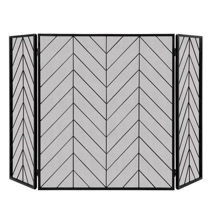 3-Panel Metal Foldable Fireplace Screen with Metal Mesh-Black - Black - Fireplace Tools
