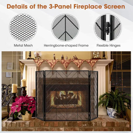 3-Panel Metal Foldable Fireplace Screen with Metal Mesh-Black - Black - Fireplace Tools