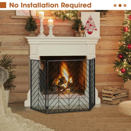 3-Panel Metal Foldable Fireplace Screen with Metal Mesh-Black - Black - Fireplace Tools