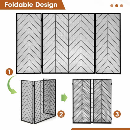 3-Panel Metal Foldable Fireplace Screen with Metal Mesh-Black - Black - Fireplace Tools