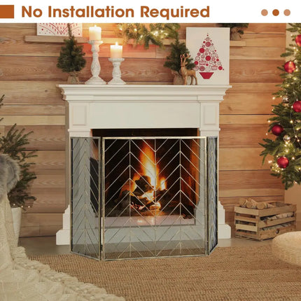 3-Panel Metal Foldable Fireplace Screen with Metal Mesh-Bronze - Bronze - Fireplace Tools