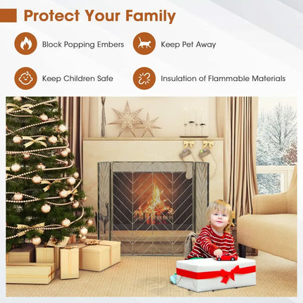 3-Panel Metal Foldable Fireplace Screen with Metal Mesh-Bronze - Bronze - Fireplace Tools