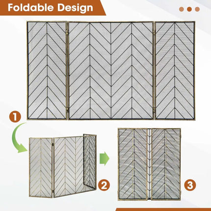 3-Panel Metal Foldable Fireplace Screen with Metal Mesh-Bronze - Bronze - Fireplace Tools