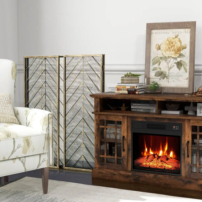 3-Panel Metal Foldable Fireplace Screen with Metal Mesh-Bronze - Bronze - Fireplace Tools