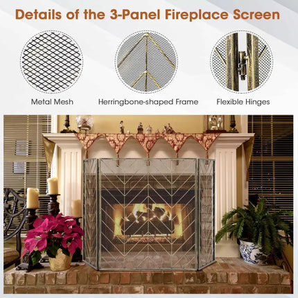 3-Panel Metal Foldable Fireplace Screen with Metal Mesh-Bronze - Bronze - Fireplace Tools