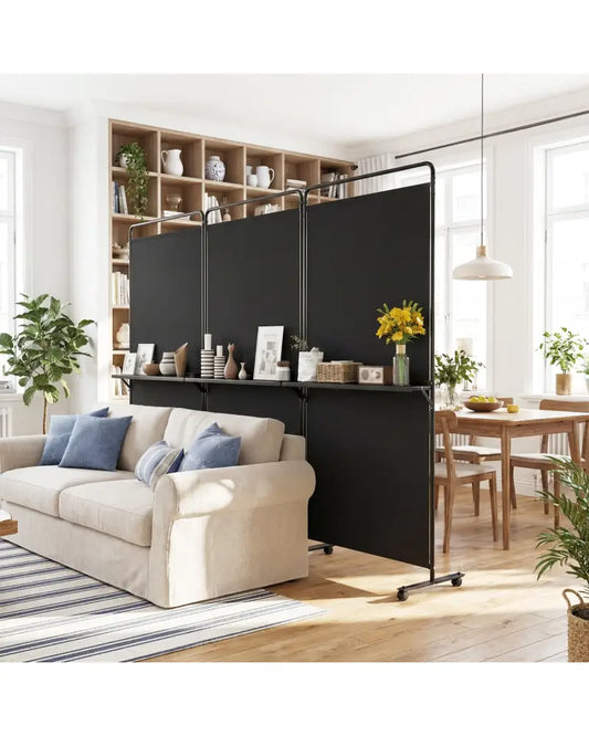 3-Panel Room Divider with Shelves 6 FT Tall Folding Privacy Screen with Lockable Wheels-Black - Black - Room Dividers