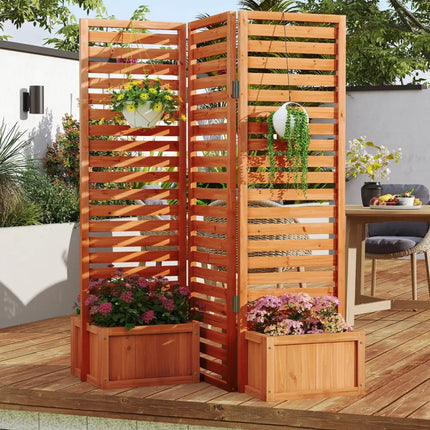 3-Panel Solid Wood Frame Freestanding Garden Fence with 2 Self-Draining Planter Boxes-Yellow - Yellow - Raised Garden