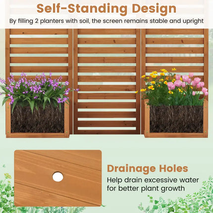 3-Panel Solid Wood Frame Freestanding Garden Fence with 2 Self-Draining Planter Boxes-Yellow - Yellow - Raised Garden