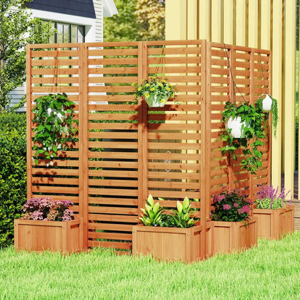 3-Panel Solid Wood Frame Freestanding Garden Fence with 2 Self-Draining Planter Boxes-Yellow - Yellow - Raised Garden