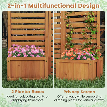3-Panel Solid Wood Frame Freestanding Garden Fence with 2 Self-Draining Planter Boxes-Yellow - Yellow - Raised Garden
