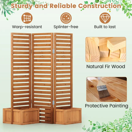 3-Panel Solid Wood Frame Freestanding Garden Fence with 2 Self-Draining Planter Boxes-Yellow - Yellow - Raised Garden