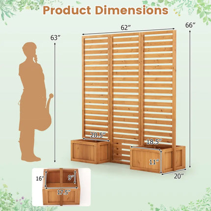 3-Panel Solid Wood Frame Freestanding Garden Fence with 2 Self-Draining Planter Boxes-Yellow - Yellow - Raised Garden