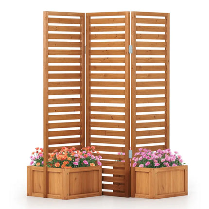 3-Panel Solid Wood Frame Freestanding Garden Fence with 2 Self-Draining Planter Boxes-Yellow - Yellow - Raised Garden