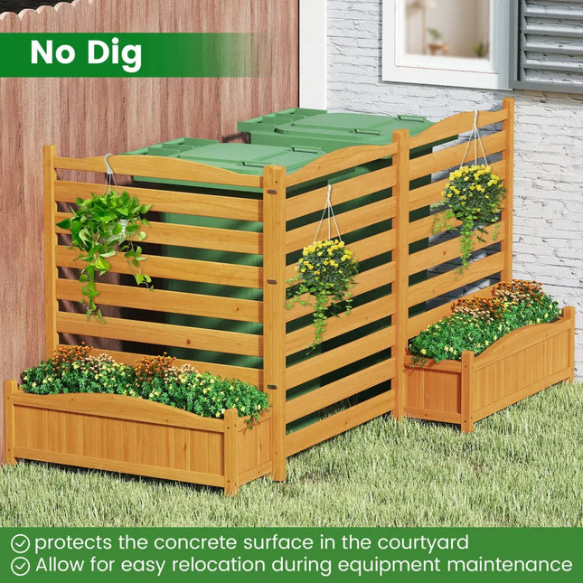 3-Panel Wood Air Conditioner Fence with Planter Box Freestanding Privacy Screen-Yellow - Yellow - Raised Garden Beds