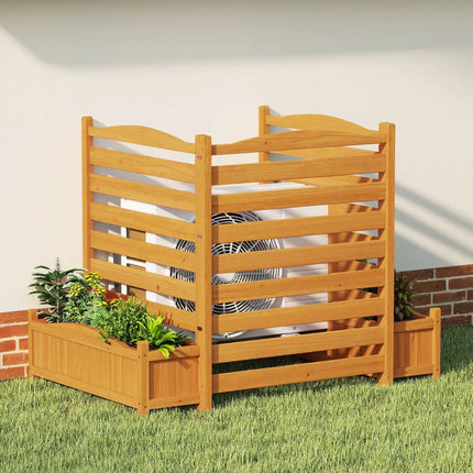 3-Panel Wood Air Conditioner Fence with Planter Box Freestanding Privacy Screen-Yellow - Yellow - Raised Garden Beds