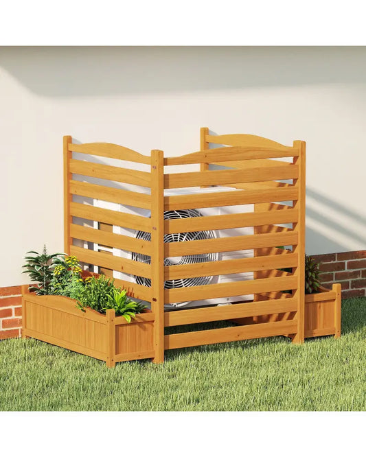 3-Panel Wood Air Conditioner Fence with Planter Box Freestanding Privacy Screen-Yellow - Yellow - Raised Garden Beds