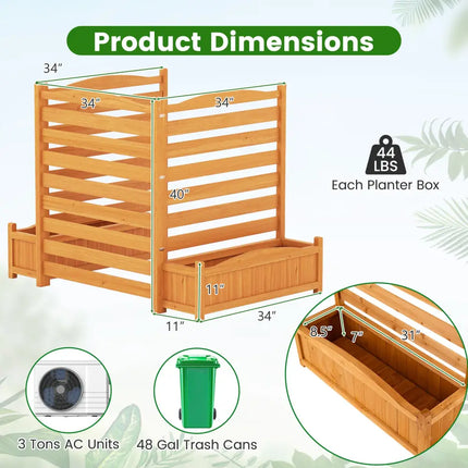 3-Panel Wood Air Conditioner Fence with Planter Box Freestanding Privacy Screen-Yellow - Yellow - Raised Garden Beds