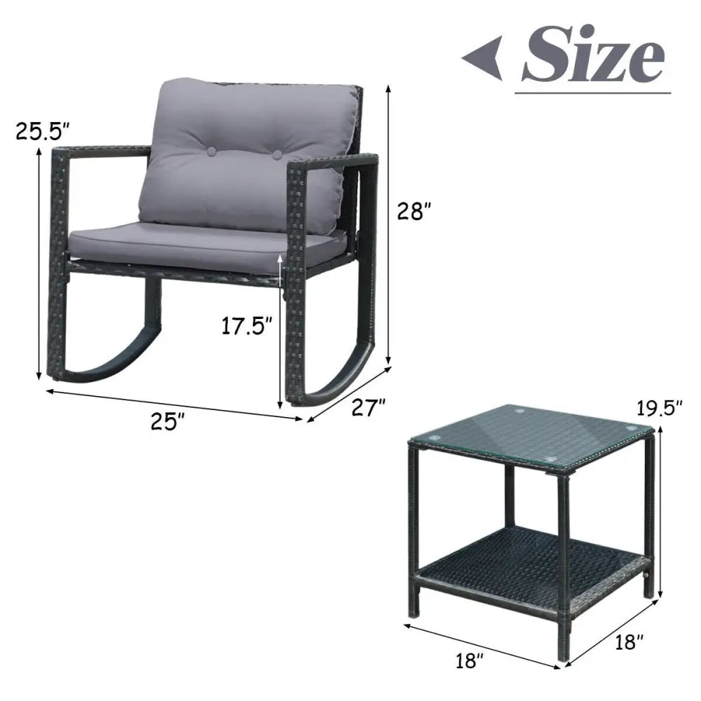 3 Pcs Cushioned Patio Rattan Set with Rocking Chair and Table-Gray - Gray - Patio Conversation Sets