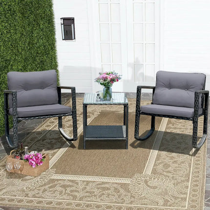 3 Pcs Cushioned Patio Rattan Set with Rocking Chair and Table-Gray - Gray - Patio Conversation Sets
