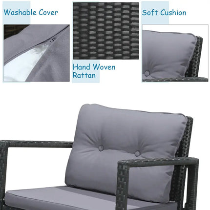 3 Pcs Cushioned Patio Rattan Set with Rocking Chair and Table-Gray - Gray - Patio Conversation Sets