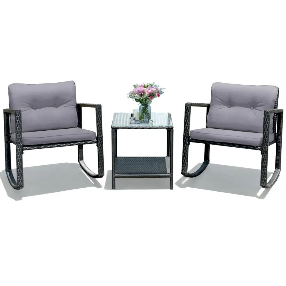3 Pcs Cushioned Patio Rattan Set with Rocking Chair and Table-Gray - Gray - Patio Conversation Sets
