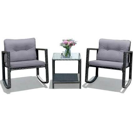 3 Pcs Cushioned Patio Rattan Set with Rocking Chair and Table-Gray - Gray - Patio Conversation Sets
