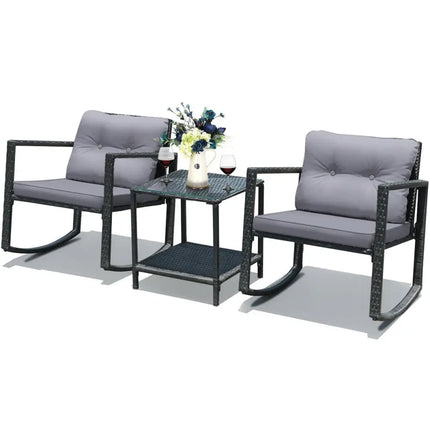 3 Pcs Cushioned Patio Rattan Set with Rocking Chair and Table-Gray - Gray - Patio Conversation Sets
